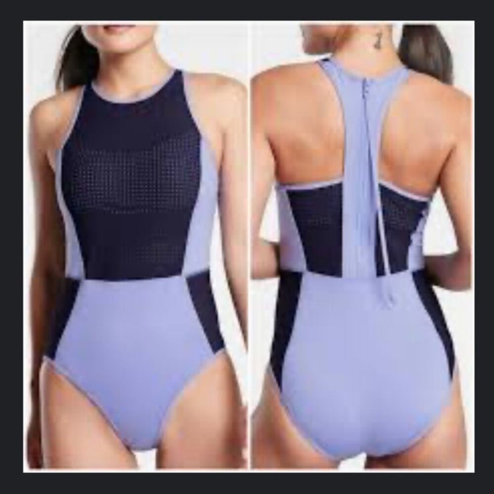 Athleta Blue Cross Training One Piece Perforated Swimsuit